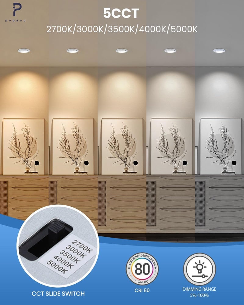 POPANU Recessed Lighting 4 inch Gimbal 9W 5CCT Swivel Ceiling Eyeball Spotlight 4inch Dimmable Recessed Lights, Soffit Indoor Directional Lighting, 90° Tilt and 360° Rotation White 2 Pack - Image 3